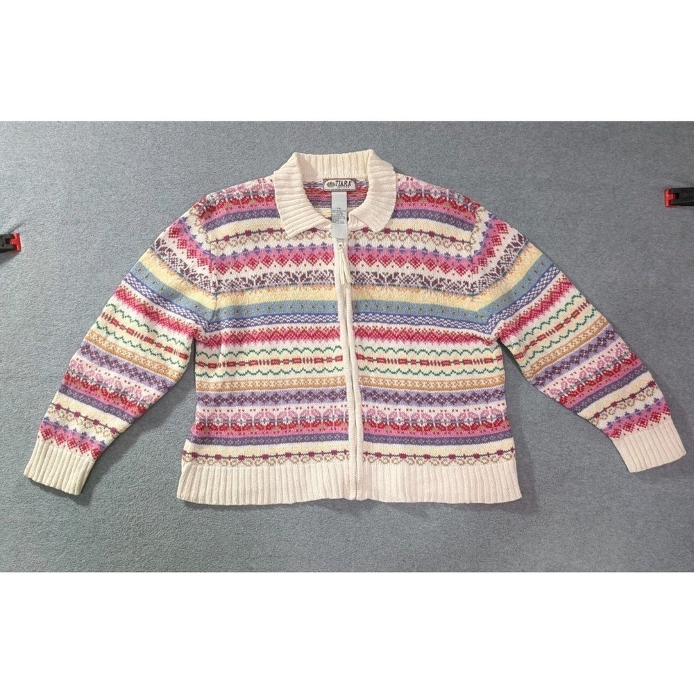 VTG TIARA Petites Fair Isle Zip Cardigan Sweater PXL Cottagecore Y2K Runs Small